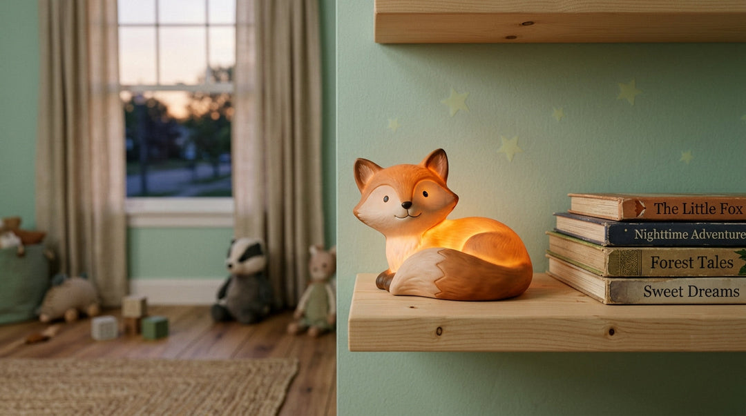 Veilleuse animaux en forme de renard posée sur une étagère dans une chambre d'enfant au crépuscule