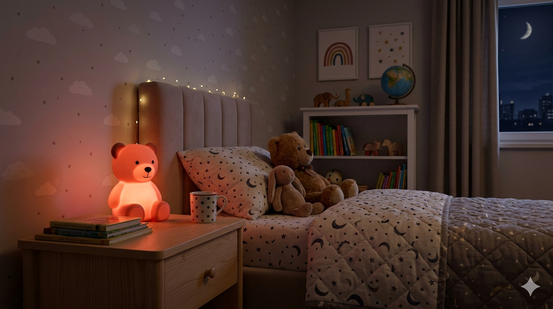 Veilleuse LED couleur chaude dans une chambre d'enfant tamisée
