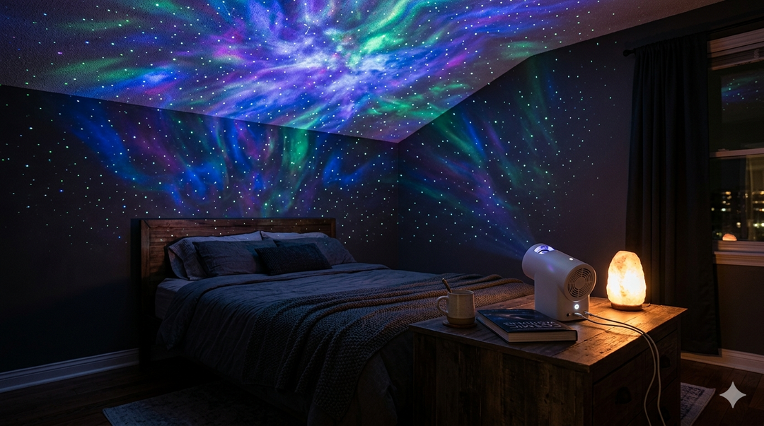 veilleuse projection ciel etoile projetant des galaxies colorees au plafond d'une chambre sombre