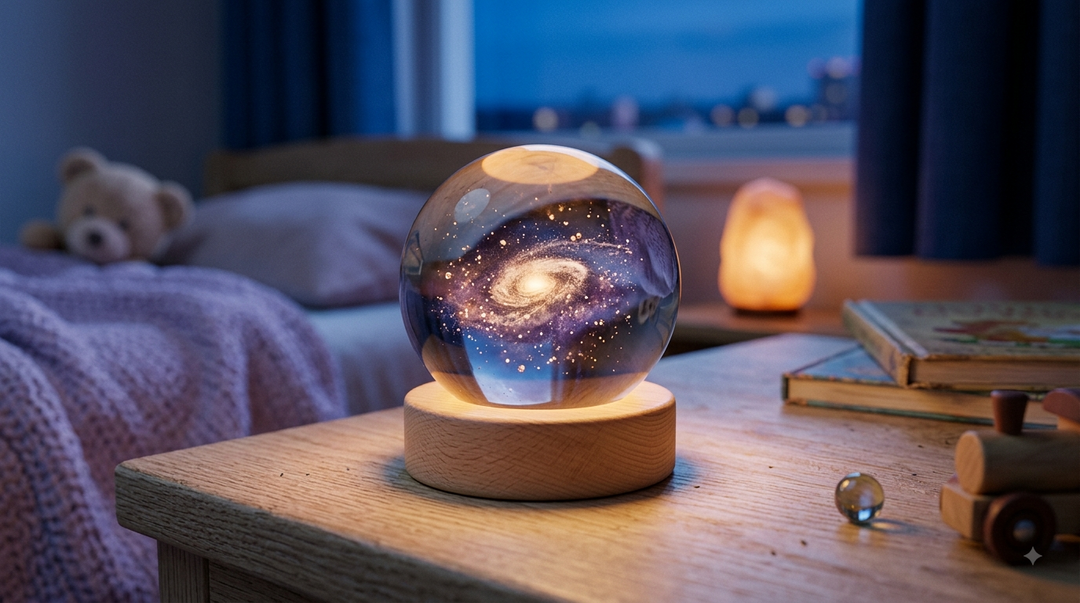 Veilleuse rechargeable sans fil posée sur une table de chevet dans une chambre d'enfant à la lumière ambrée
