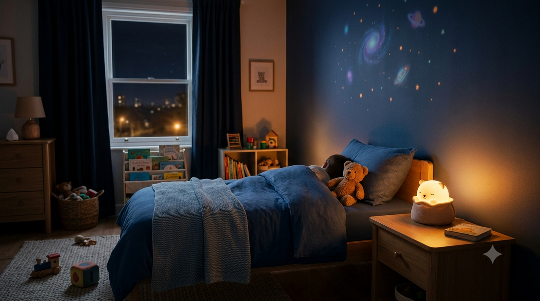  ▎ Chambre d'enfant apaisée la nuit avec une veilleuse douce diffusant une lumière chaude pour rassurer contre les terreurs nocturnes