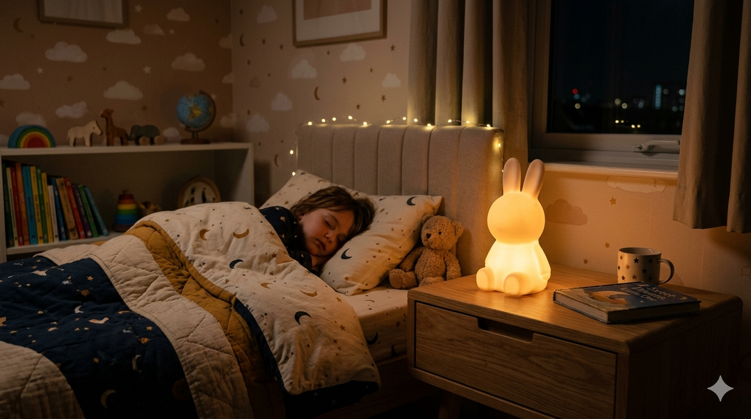 Chambre d'enfant eclairee par une veilleuse douce pour vaincre la peur du noir