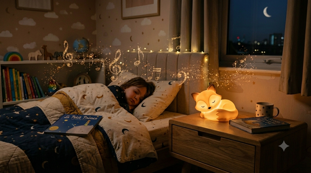 Veilleuse musicale posée sur une table de nuit dans une chambre d'enfant avec lumière douce et tamisée 