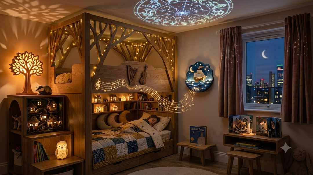 Chambre d'enfant decoree avec plusieurs veilleuses creant une ambiance douce et feerique