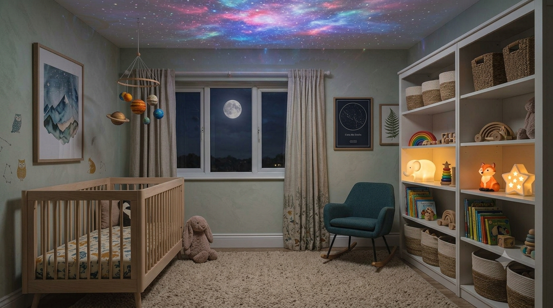  Chambre d'enfant la nuit avec une veilleuse à projection ciel étoilé et une veilleuse classique posée sur la table de chevet