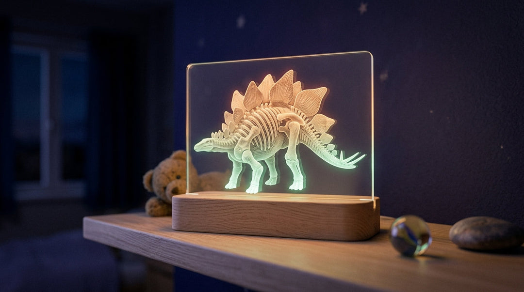 Veilleuse dinosaure 3D posée sur une étagère en bois clair dans une chambre d'enfant