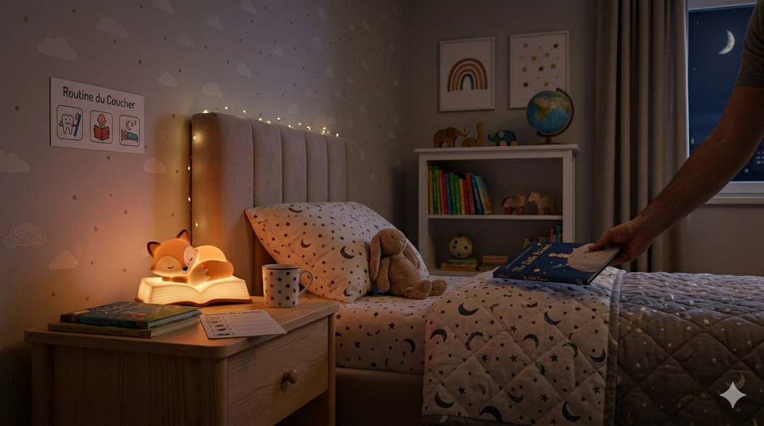 Chambre d'enfant avec veilleuse allumee pendant la routine du coucher