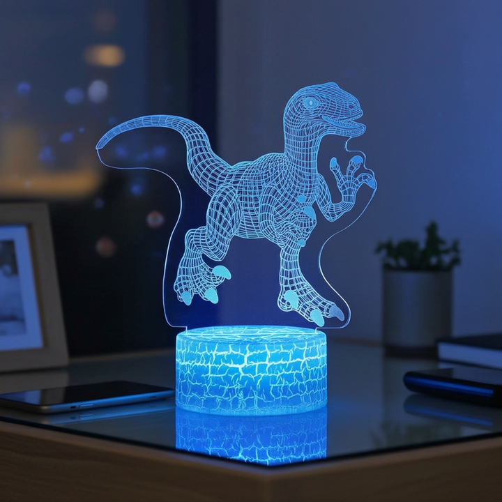 Veilleuse vélociraptor 3D LED 7 couleurs - base craquelée - modèle 3