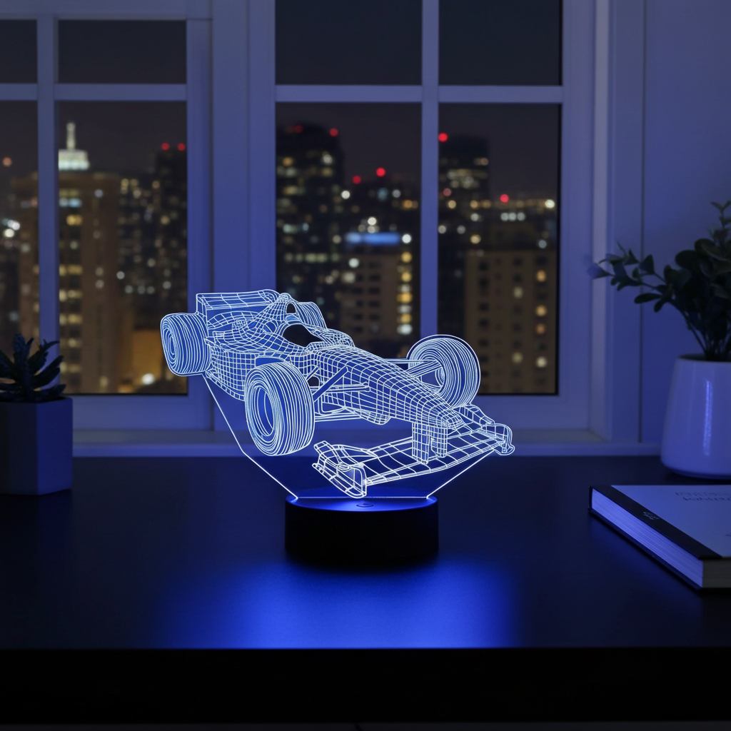 Veilleuse Formule 1 monoplace 3D LED bleue posée sur un bureau la nuit - LumiCoeur